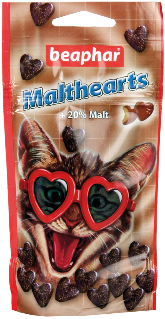 Лакомство с мальт пастой для выведения шерсти из желудка у кошек "Malt-Hearts", 150 штук