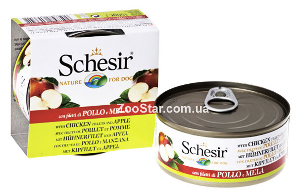 Schesir VO-SH-07 (Шезир) КУРИЦА С ЯБЛОКОМ (Chicken Аpple) влажный корм консервы для собак, банка, 150 грамм